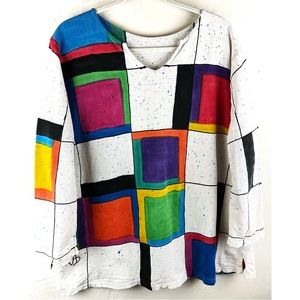 Vintage Womens Top Size L Cotton Knit Painted Colorblock Signed JB 80s 90s
